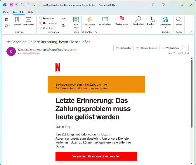 Typisch für moderne Phishing-Mails sind der Zeitdruck, den sie aufbauen, sowie Formulierungen wie beispielsweise „Bestätigung starten“ oder „Versuchen Sie es erneut zu bezahlen“.