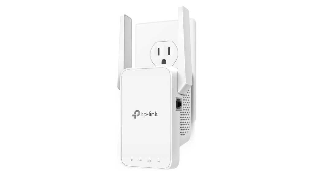 an image of a white TP-Link AC1200 WiFi Extender plugged in a wall socket