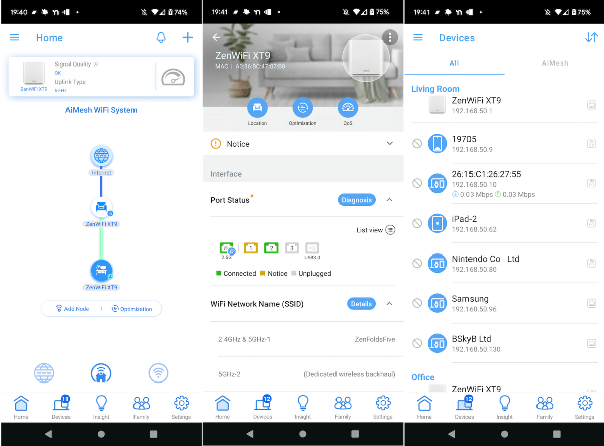 Screengrabs from the Asus ZenWiFi XT9 Asus Router Android app, displaying the network map and connection status of all connected clients