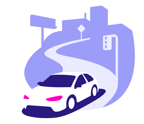 car heading down winding street with signs and stoplights and billboards and buildings in the background illustration