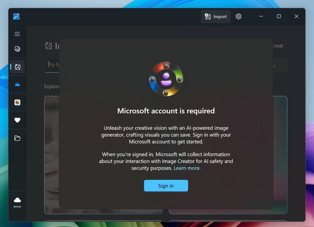 Image generation Microsoft account required message