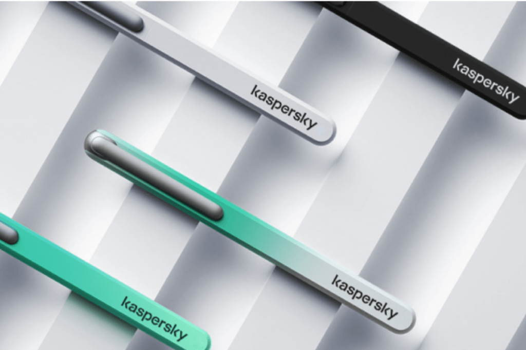 Kaspersky logo on pens on a textured white background