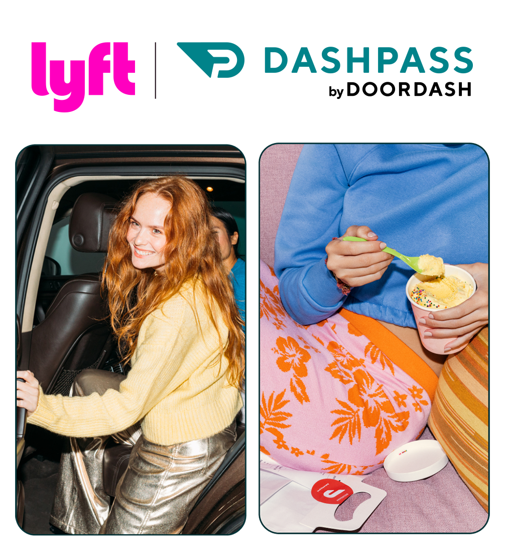 Smiling woman in yellow sweater exits car; person in blue eats ice cream on couch with floral blanket.