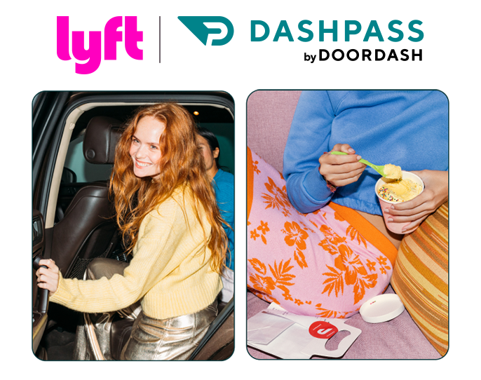 Smiling woman in yellow sweater exits car; person in blue eats ice cream on couch with floral blanket.