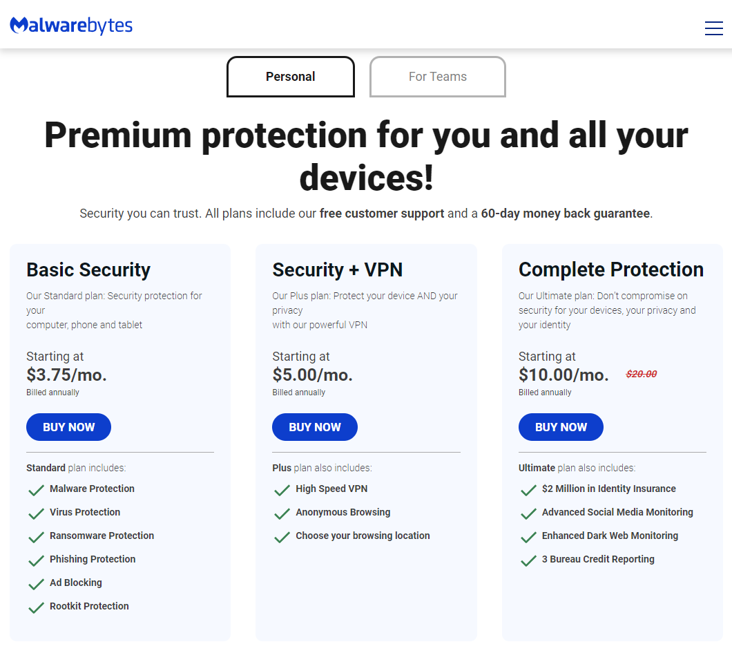 Malwarebytes Pricing Comparison chart (June 2024)