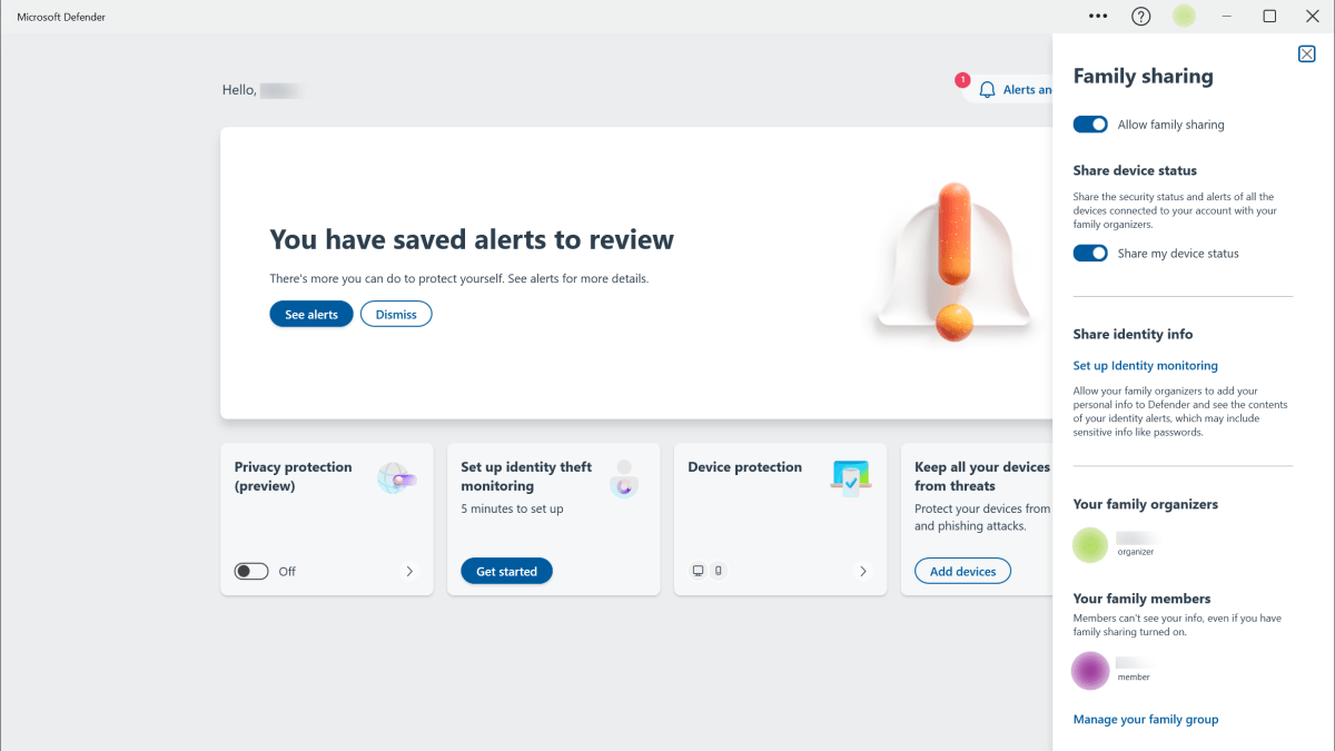Microsoft Defender app - Family sharing settings