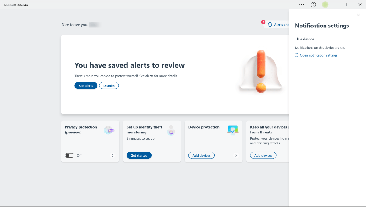 Microsoft Defender Notification side menu